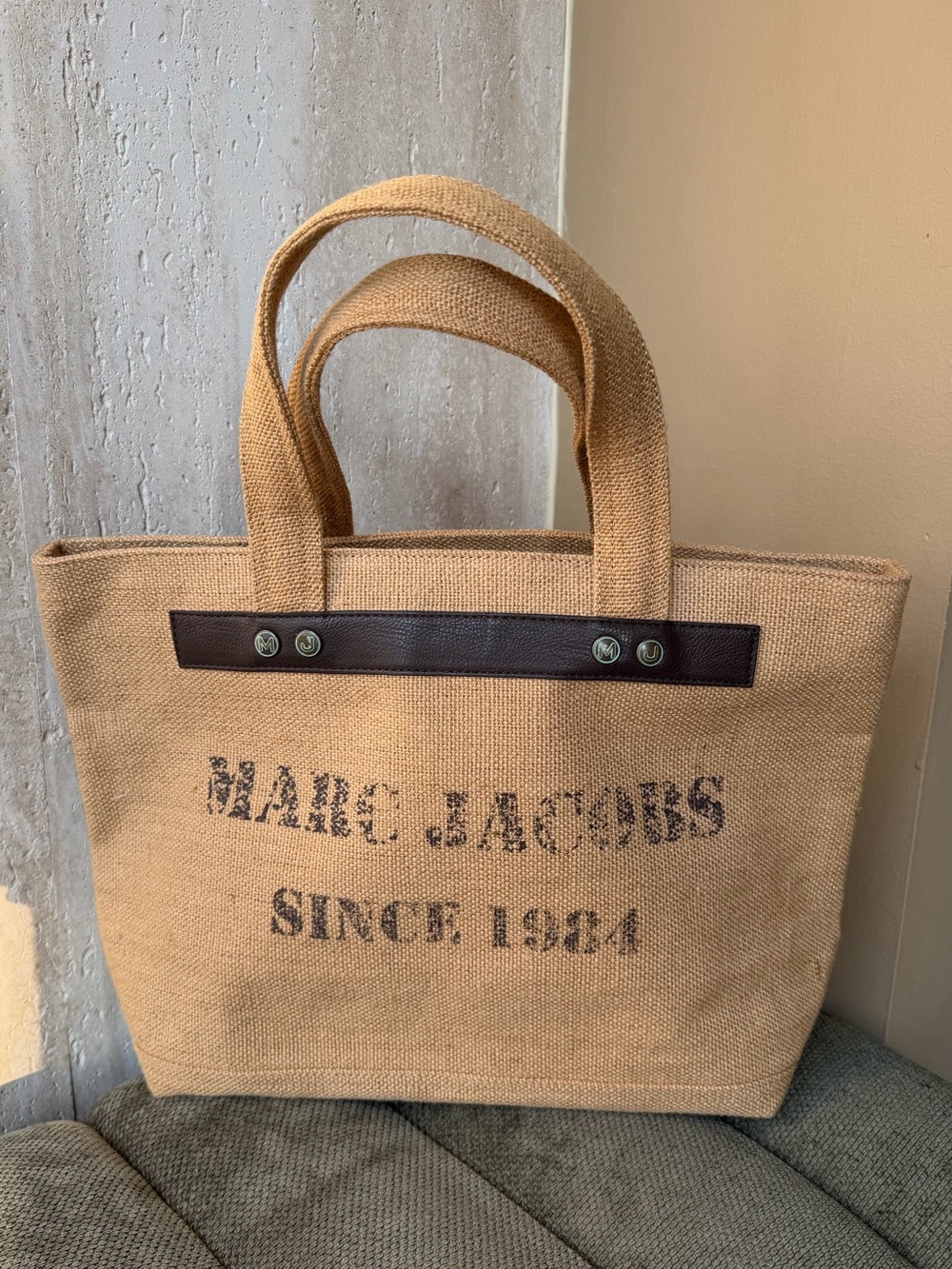 Marc Jacobs Burlap Tote Bag Leather Trim Natural Tan Designer